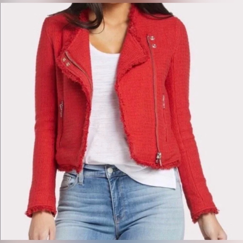 Anthropologie x Blank NYC Tweed Moto Full Zip Jacket in Cherry Red NWT